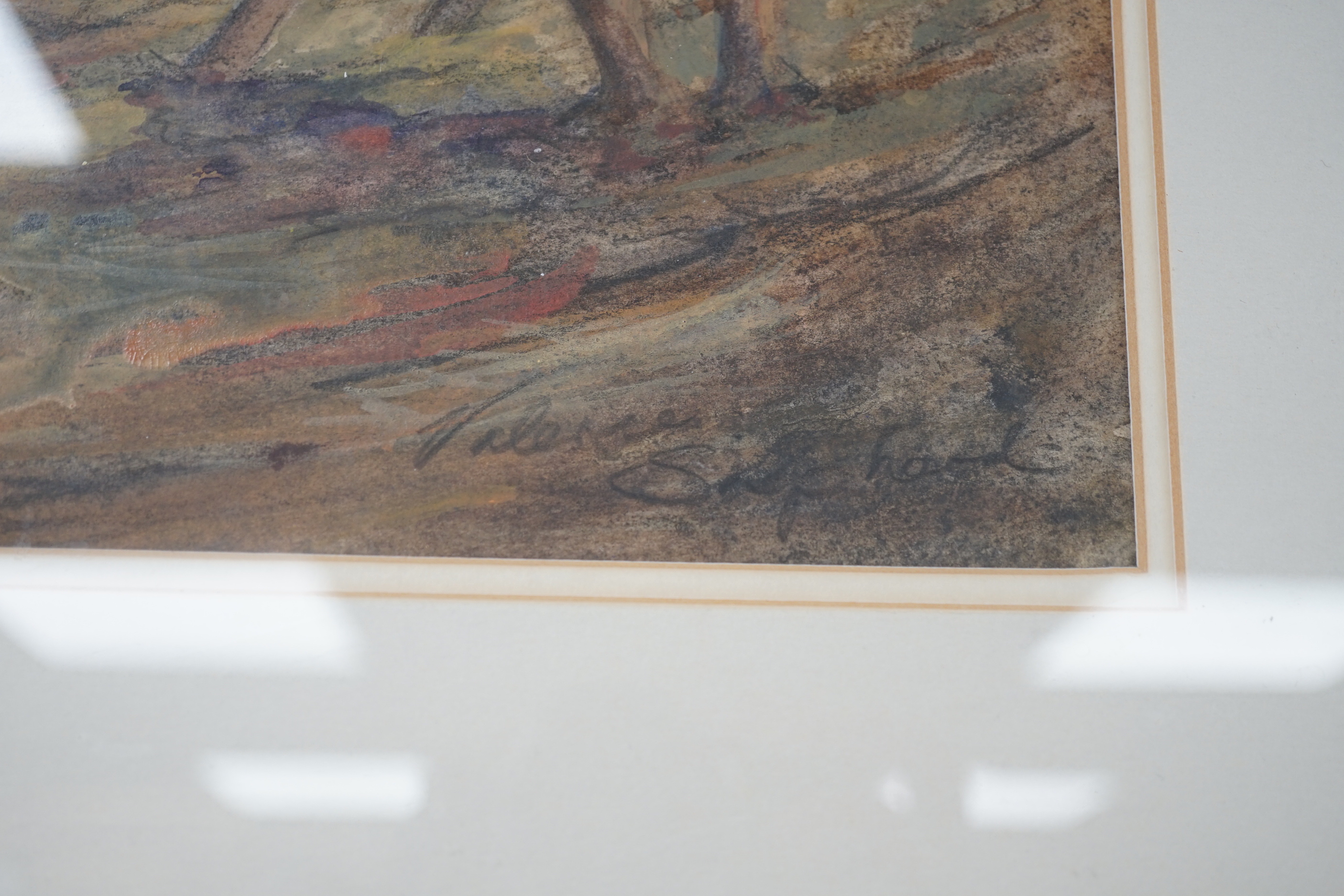 Valerie Shepherd (20th. C) monotype and watercolour, 'The Peanut Gatherers, Cyprus', signed, 33 x 39cm